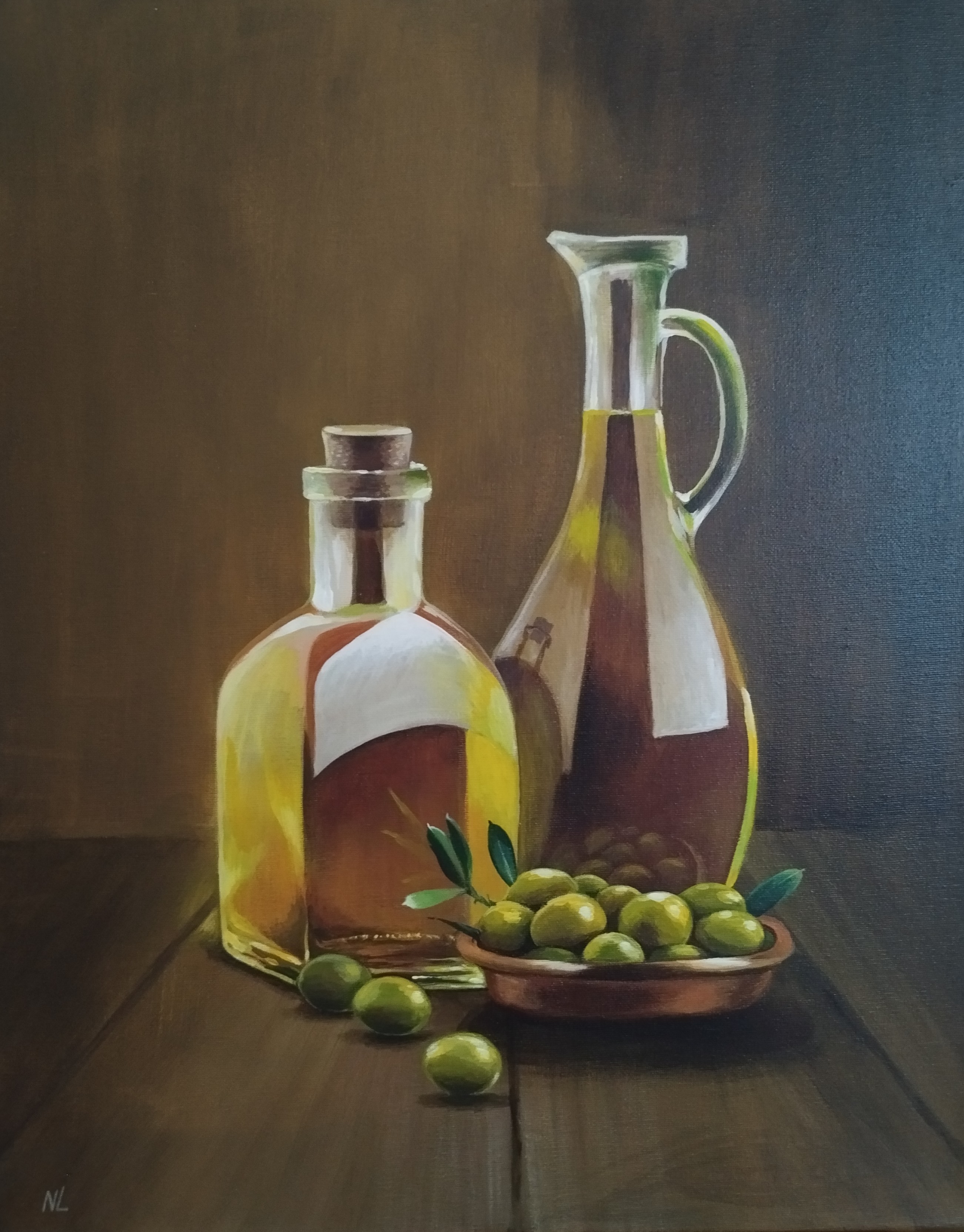 Aceite y Aceitunas, pintura original acrílico sobre lienzo de 40 x 50 cm, creada en Valencia, Spain.