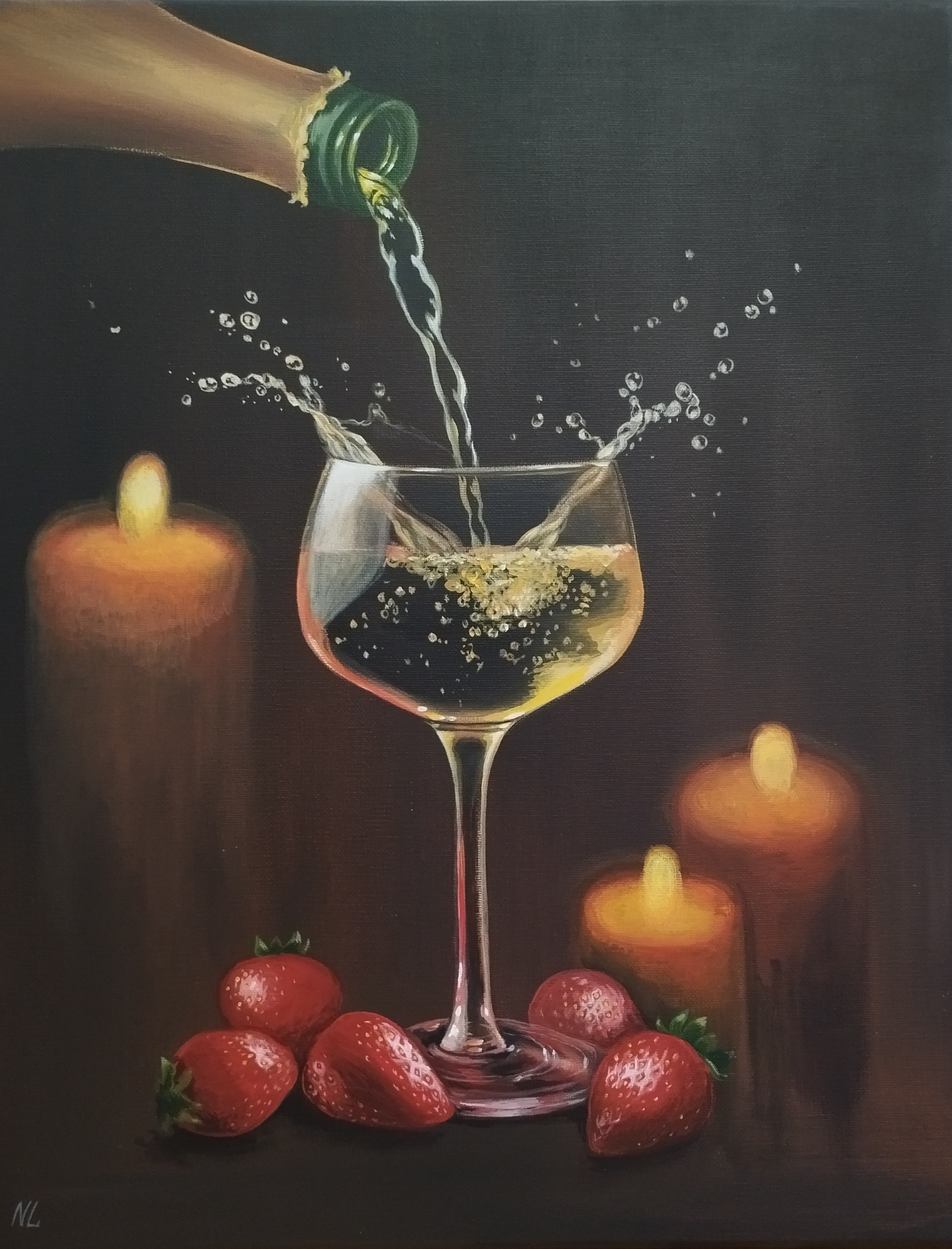 Brindis de Fresa, pintura original acrílico sobre lienzo de 40 x 50 cm, creada en Valencia, Spain.