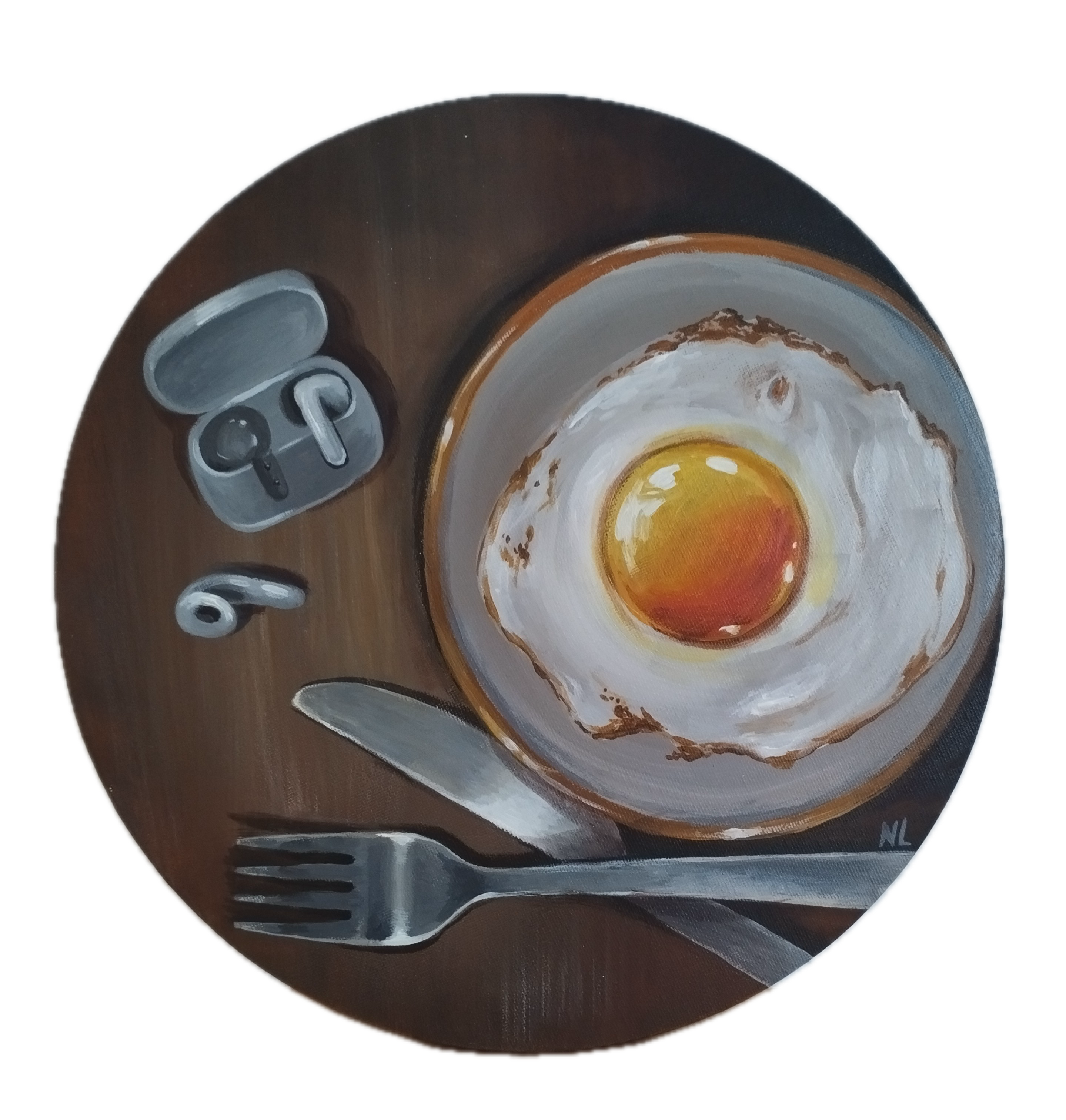 Desayuno Moderno, pintura original acrílico sobre lienzo de Ø 30 cm, creada en Valencia, Spain.