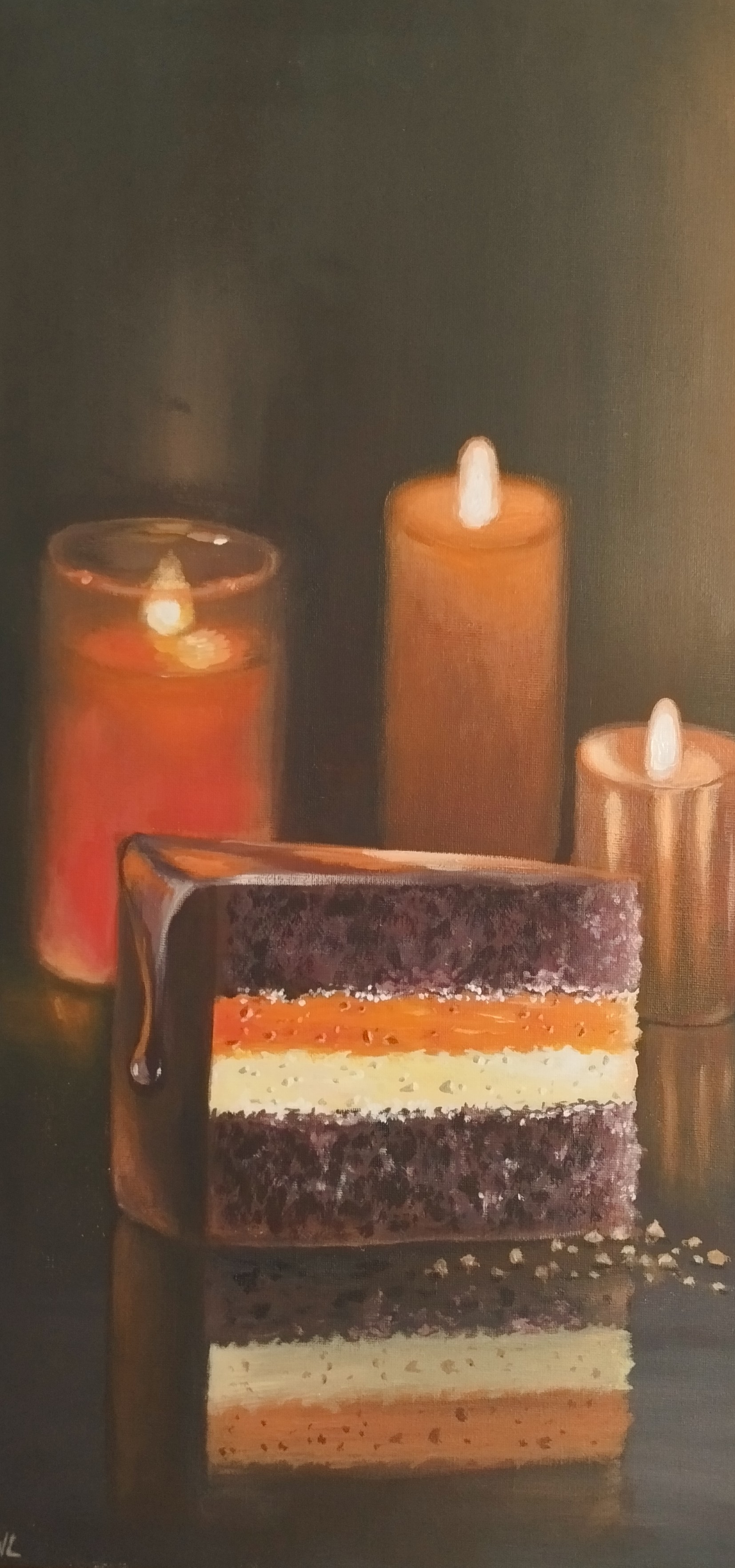 Dulce a la Luz de las Velas, pintura original acrílico sobre lienzo de 30 x 60 cm, creada en Valencia, Spain.