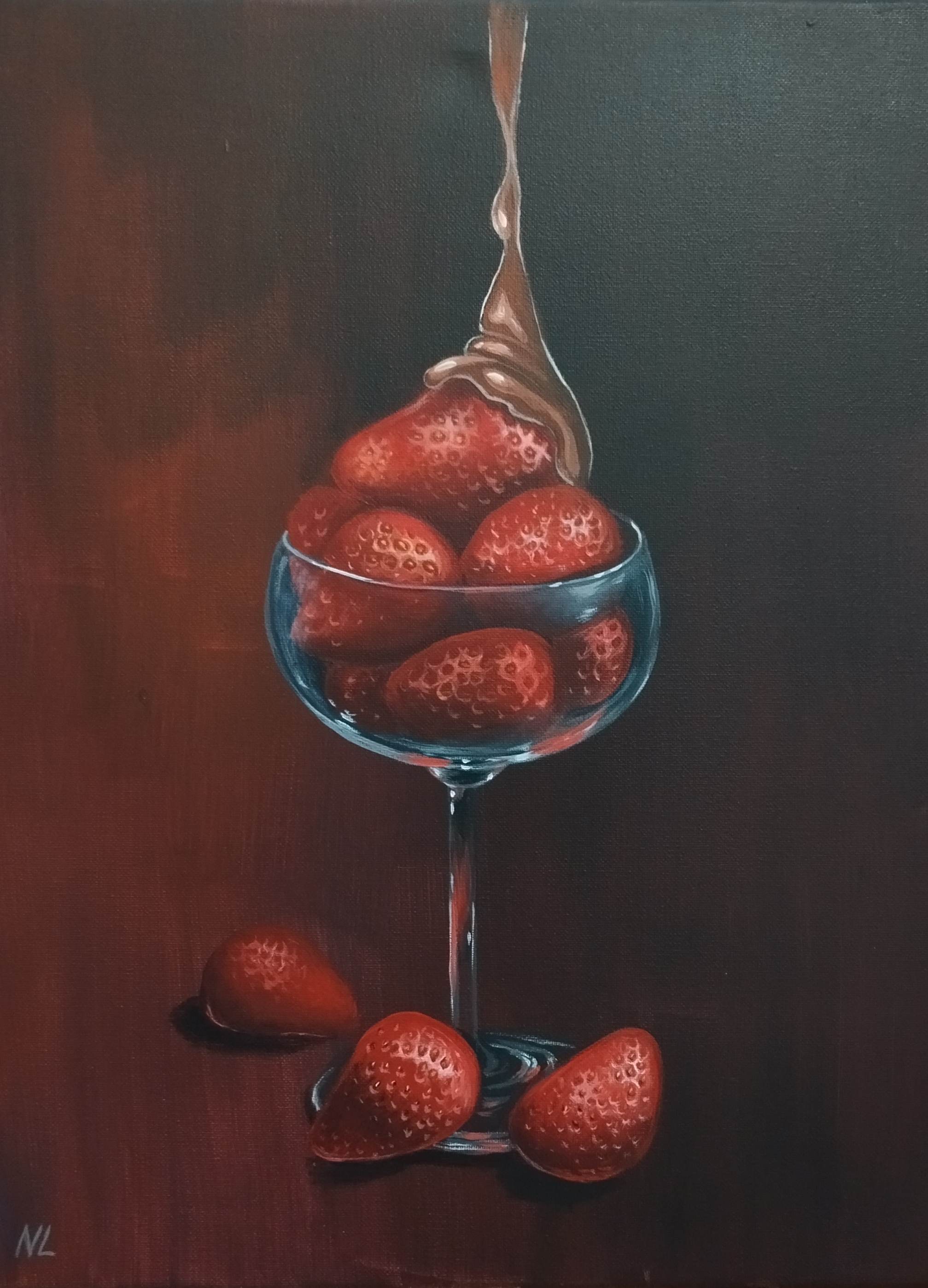 Fresas con Chocolate, pintura original acrílico sobre lienzo de 40 x 50 cm, creada en Valencia, Spain.