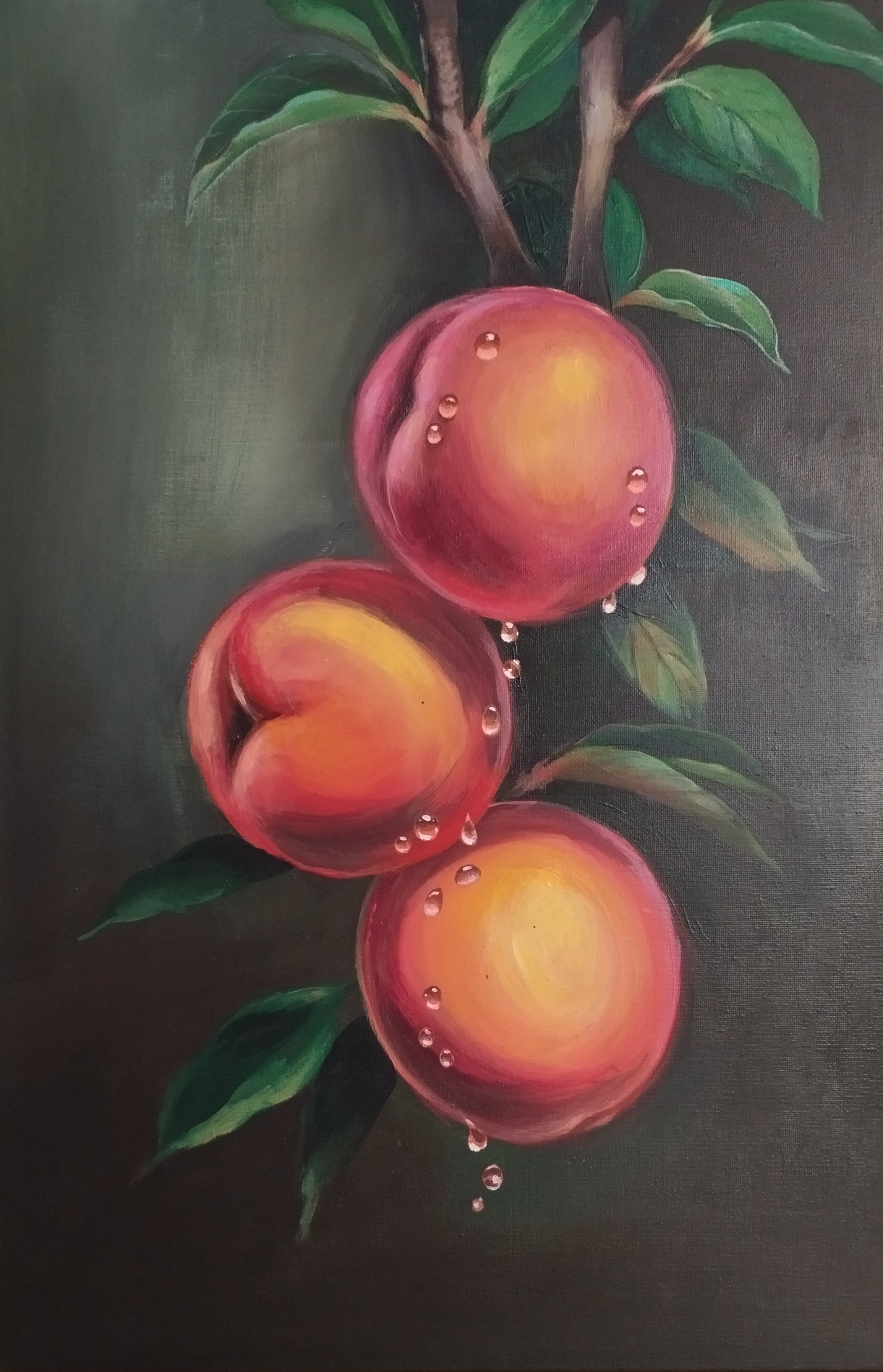 Melocotones al Sol, pintura original acrílico sobre lienzo de 40 x 60 cm, creada en Valencia, Spain.