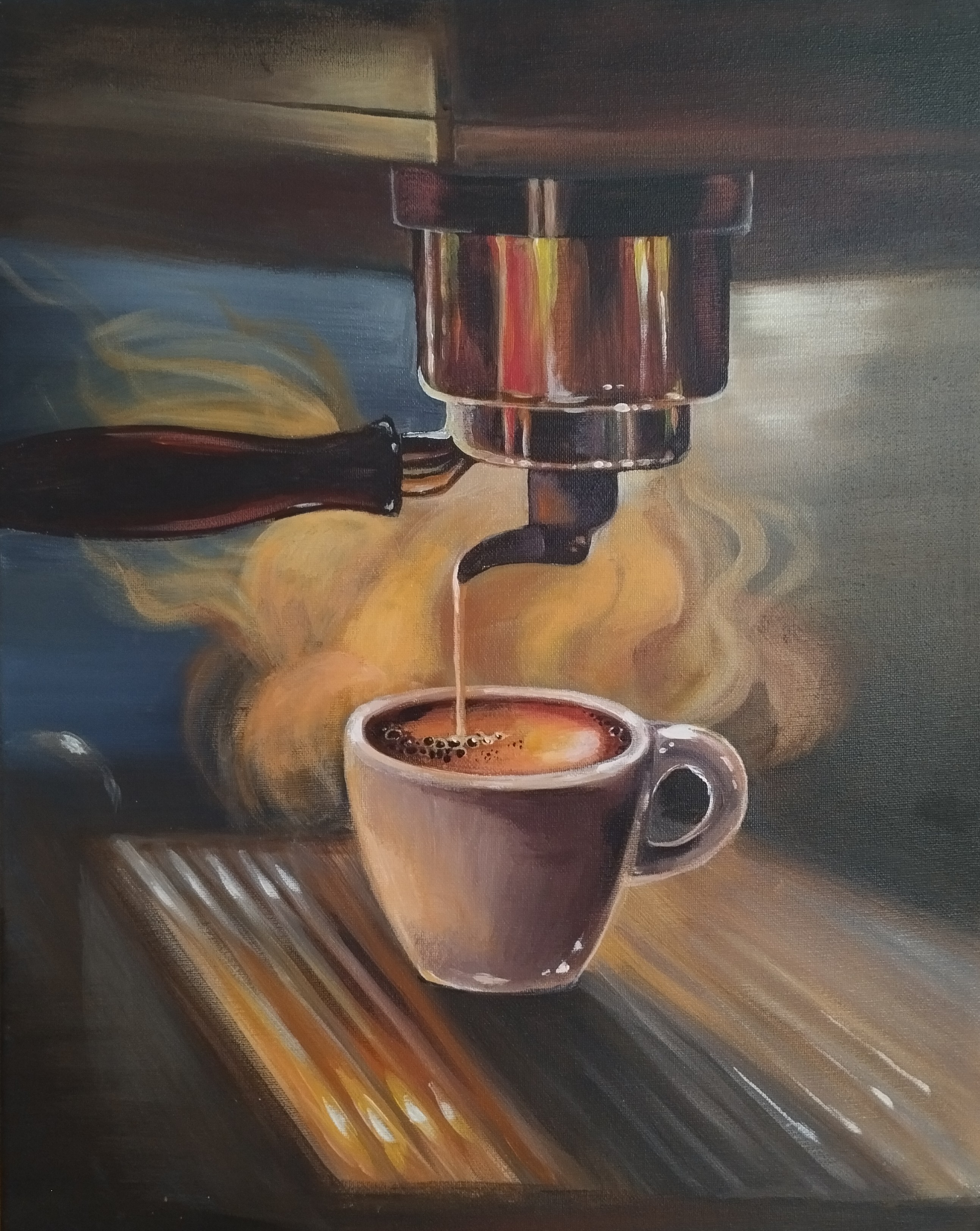 Momento de Café, pintura original acrílico sobre lienzo de 40 x 50 cm, creada en Valencia, Spain.