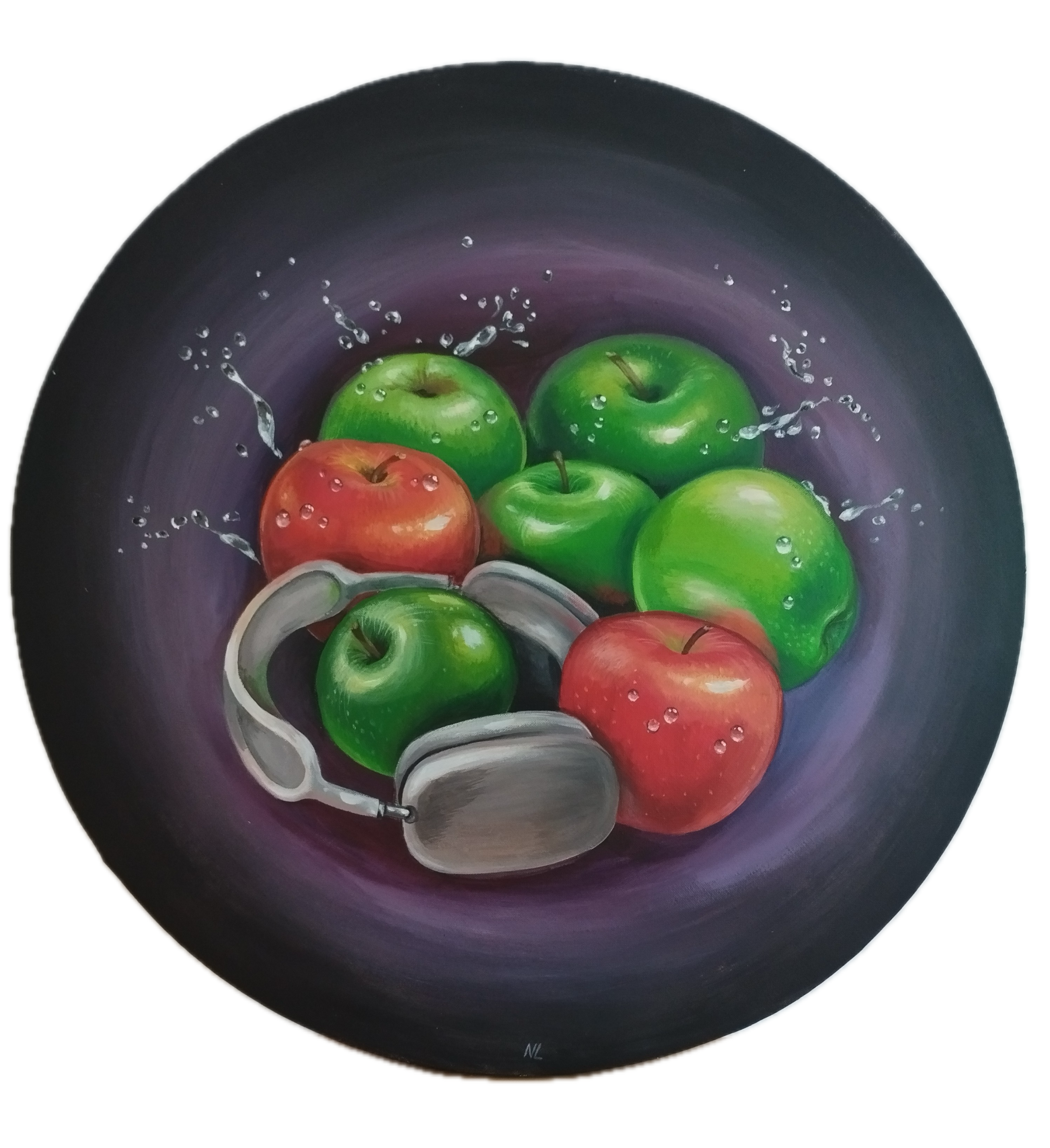 Música y Manzanas, pintura original acrílico sobre lienzo de Ø 50 cm, creada en Valencia, Spain.