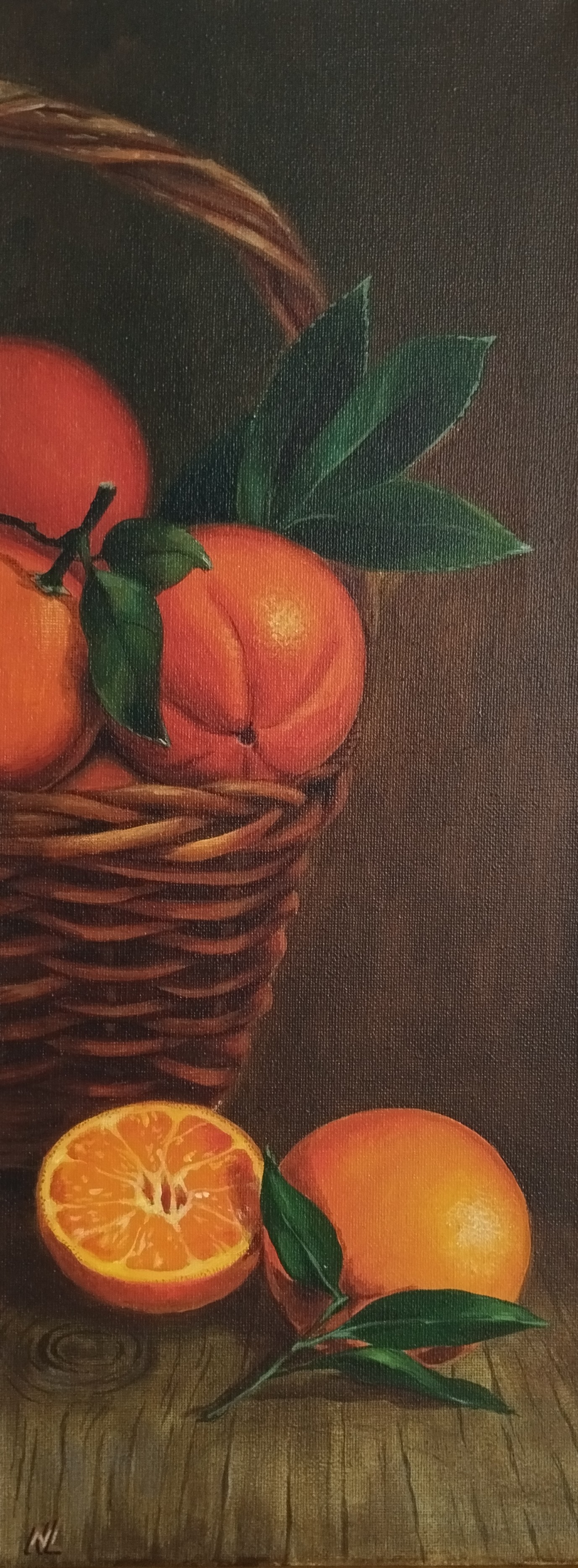 Naranjas de Valencia, pintura original acrílico sobre lienzo de 20 x 50 cm, creada en Valencia, Spain.