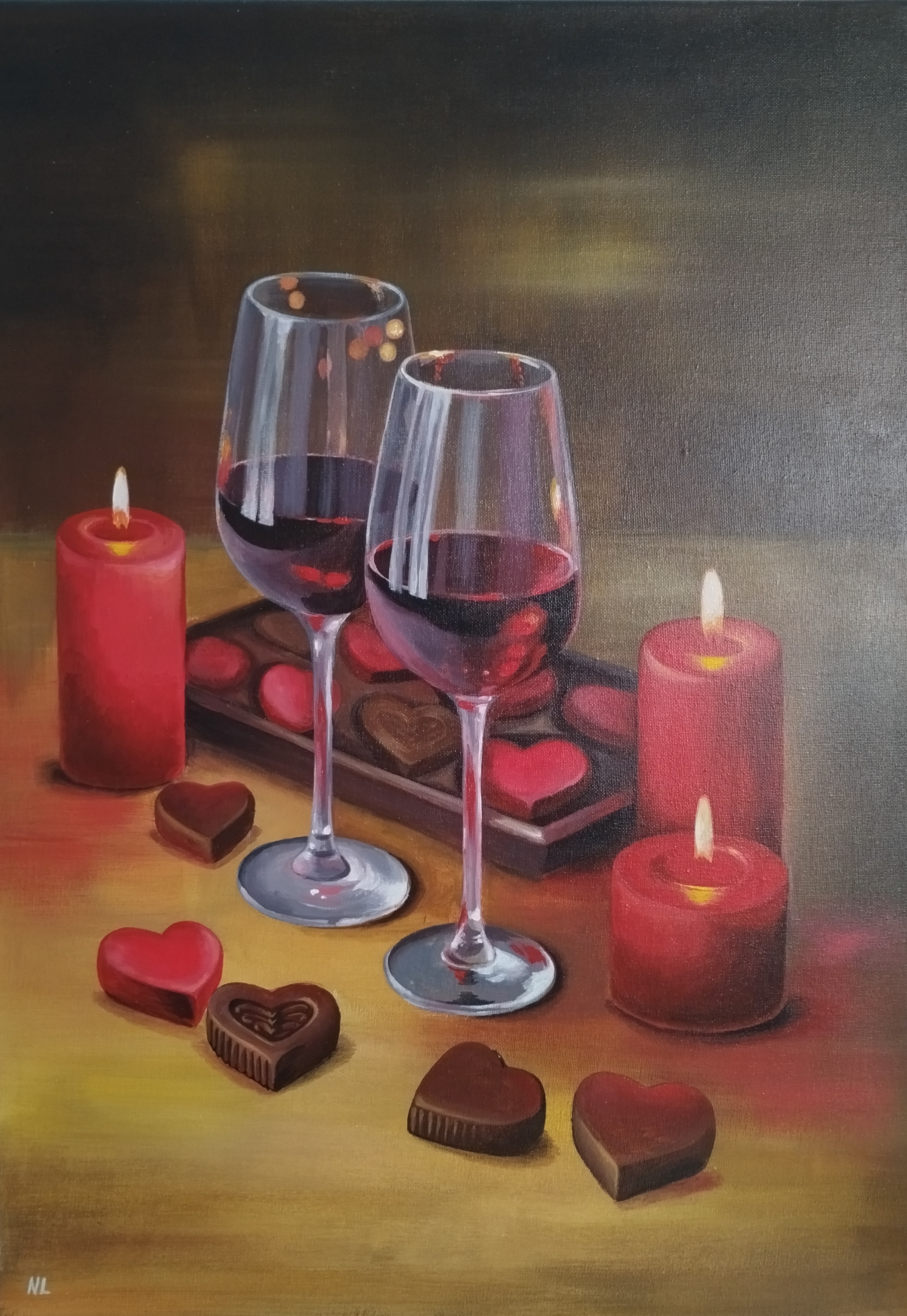 Noche de Vino y Luz, pintura original acrílico sobre lienzo de 50 x 70 cm, creada en Valencia, Spain.