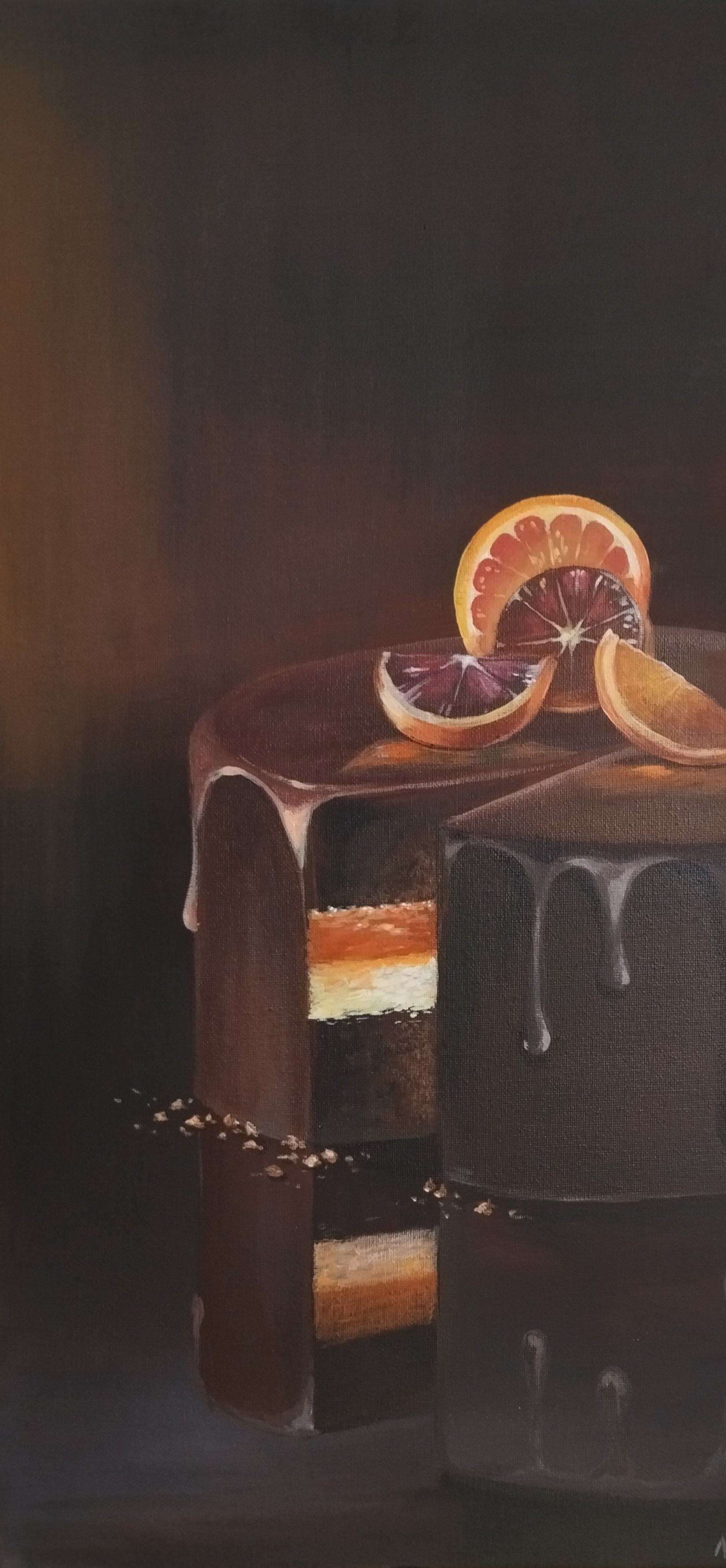 Tarta de Chocolate y Cítricos, pintura original acrílico sobre lienzo de 30 x 60 cm, creada en Valencia, Spain.