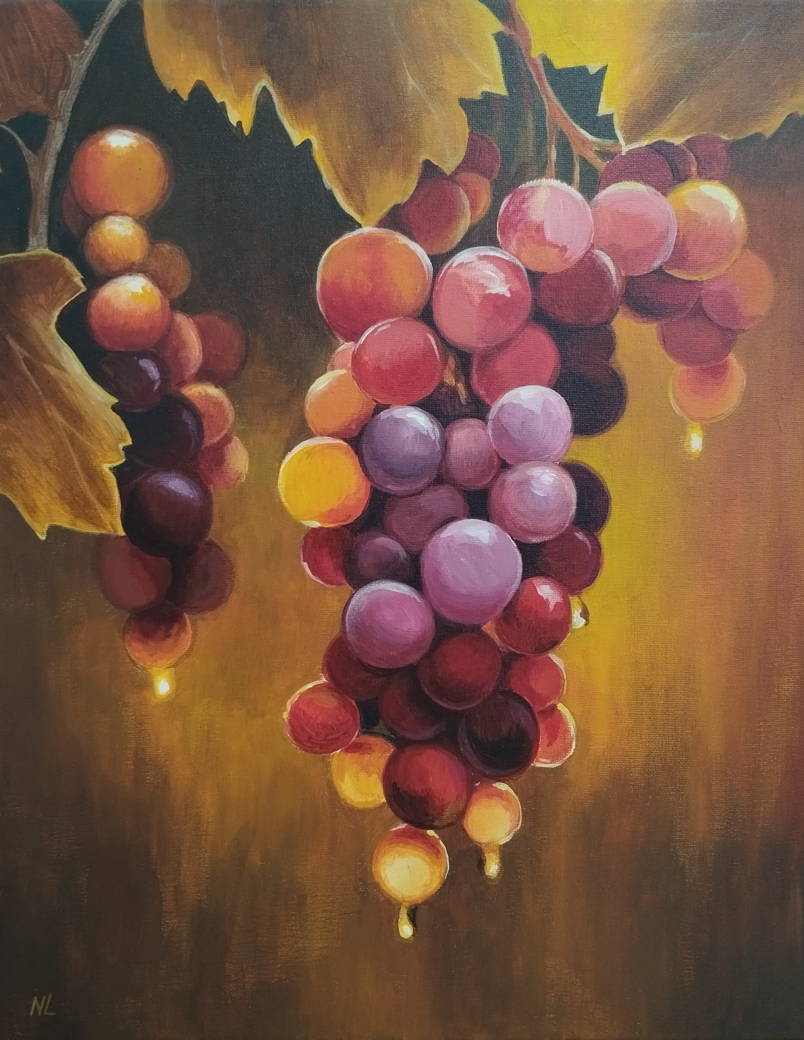 Uvas al Sol, pintura original acrílico sobre lienzo de 40 x 50 cm, creada en Valencia, Spain.