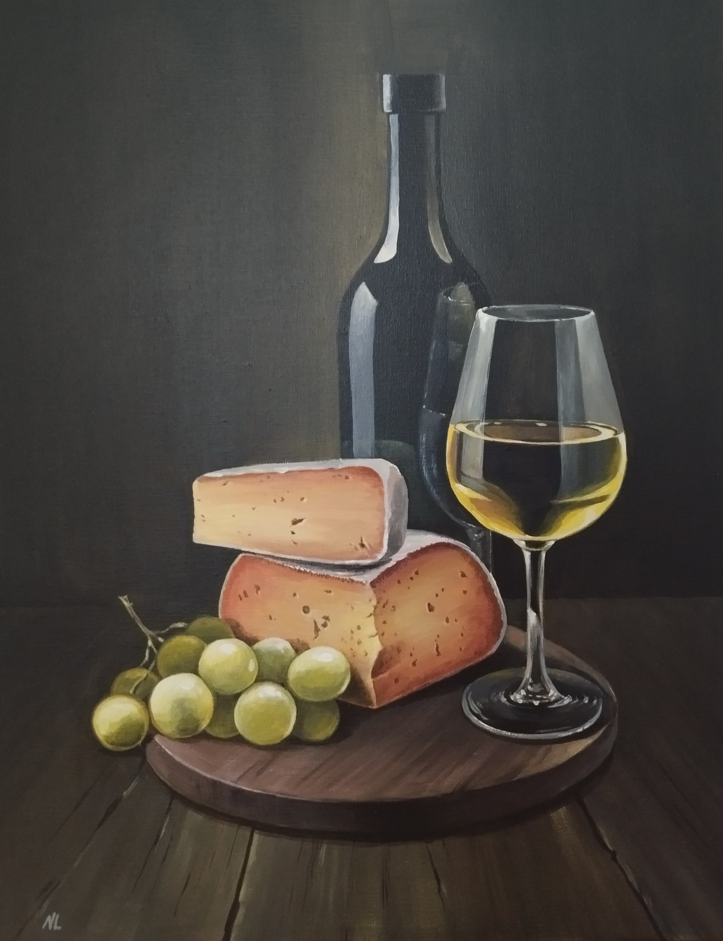 Vino Blanco y Queso, pintura original acrílico sobre lienzo de 40 x 50 cm, creada en Valencia, Spain.