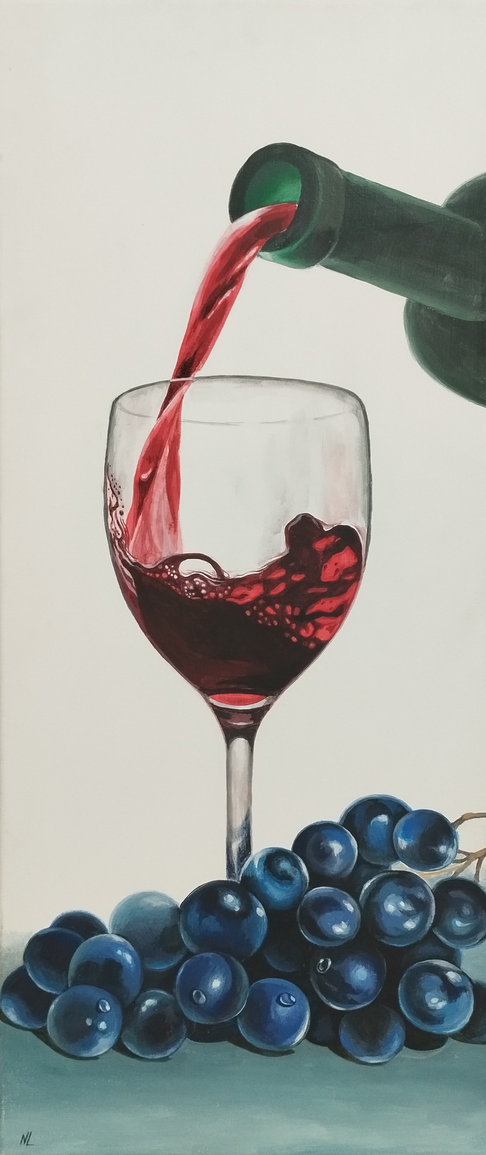Vino y Uvas de la Tierra, pintura original acrílico sobre lienzo de 30 x 70 cm, creada en Valencia, Spain.